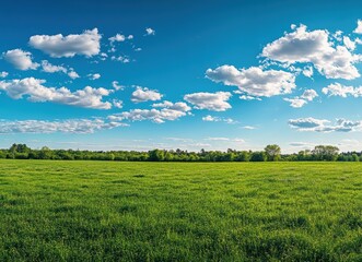 Obraz premium Expansive Green Meadow Under a Bright Blue Sky with Fluffy White Clouds in a Serene Landscape Setting