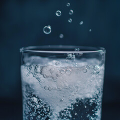 Close-up of carbonated water in a glass. Bubbles rise to the surface.