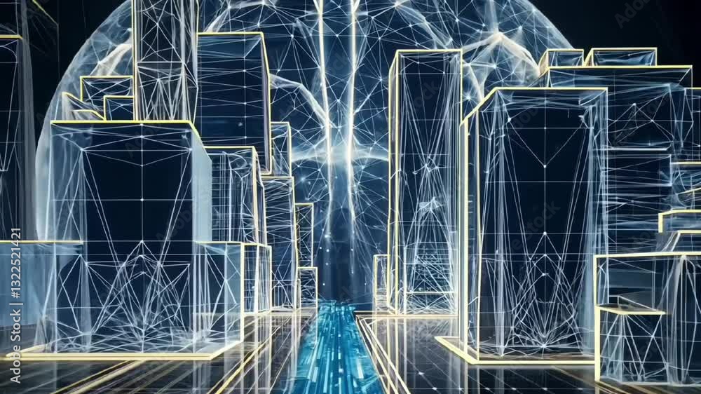 Aufkleber futuristic digital city with glowing neon skyscrapers and grid lines creating a high-tech cyberpunk 
