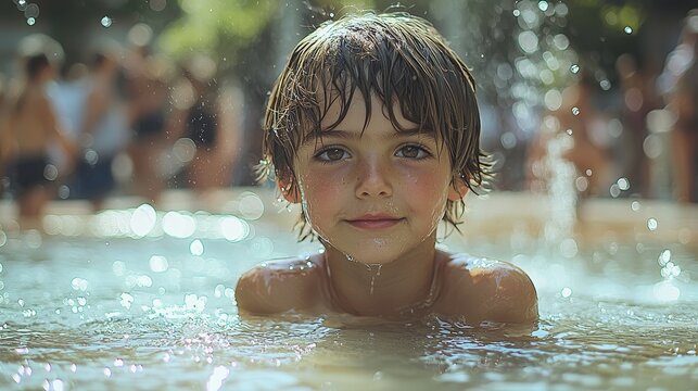 A joyful child splashes water in a pool at slow-motion speed. A little boy tosses water upwards using his hand at 120fps amidst a summer day