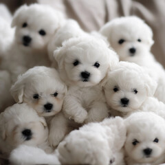 A pile of adorable fluffy white puppies.