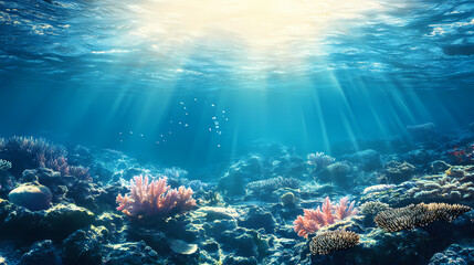 Fototapeta premium Ocean acidification concept. vibrant coral reef under clear blue water with sunlight streaming through. Radiant Tides. Illustration