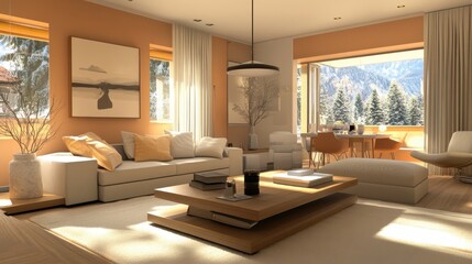 Fototapeta premium A modern living room interior with mountain scenery outside