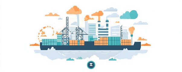 Fototapeta premium Illustrated cargo ship at a port with industrial background