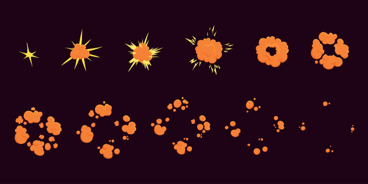 Cartoon motion explosions. Animated explosion shot, explode fire frames. Exploding effect frames vector illustration set. Explosion cartoon animation, boom movement, explore effect