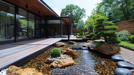 Rooftop Garden Oasis with Zen Rock Garden and Serene Water Feature in a Minimalistic Setting