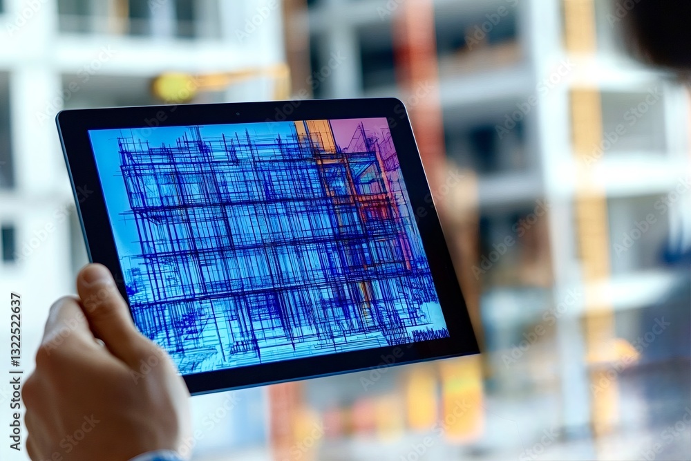 Poster architect checking building wireframe on digital tablet at construction site