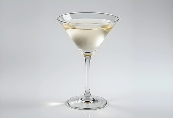 Classic martini glass with a clear drink, isolated on a white background with a sleek and minimalistic design.