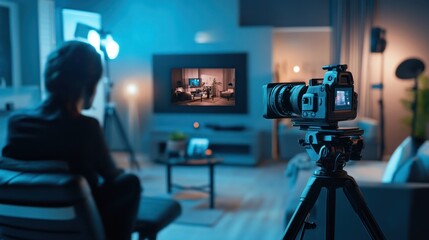 A person filming a television screen in a home studio