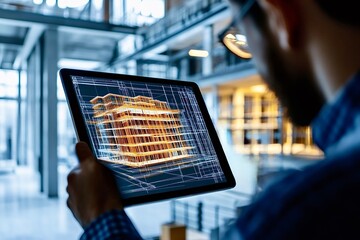 Architect using digital tablet showing 3d model of a building project