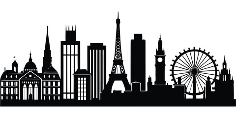 Fototapeta premium Paris skyline background. Paris famous landmark icon set. France, Paris travel black cityscape