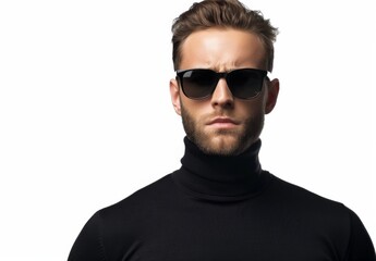 Serious body guard or secret agent wearing suit and sunglasses, isolated on grey background