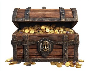 Rugged wooden treasure chest with iron reinforcements and classic lock overflowing with gold coins