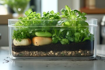 A clear container holds a growing array of garden vegetables