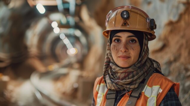Saudi woman wearing traditional hijab and mining uniform in metal mine