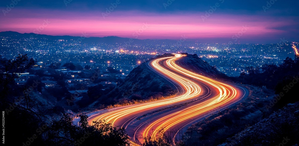 Poster nighttime view of a highway illuminated by a neon track with colorful lights and trails