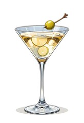 Classic martini glass with a clear drink, isolated on a white background with a sleek and minimalistic design.