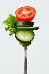 Fresh cucumber and tomato salad on a fork.