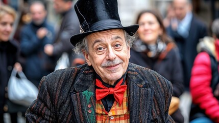 Cheerful performer in a top hat engages passersby with his entertaining antics, surrounded by a diverse crowd enjoying the atmosphere of a lively city setting.