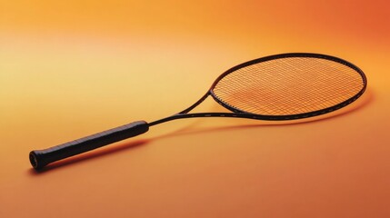 A badminton racket with a lightweight carbon fiber frame resting flat on a gradient orange backdrop