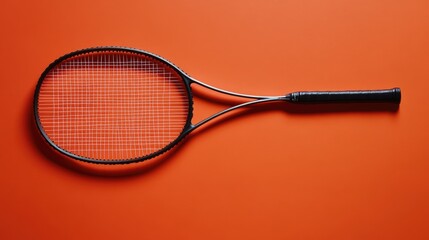 A black and silver badminton racket resting at an angle on a solid orange background