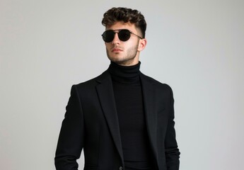 Obraz premium Serious body guard or secret agent wearing suit and sunglasses, isolated on grey background