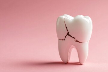 Close-up of a cracked tooth on a soft pink background. Dental health concerns.
