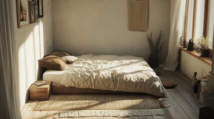 A cozy bedroom interior features a sunlit bed and rustic decor