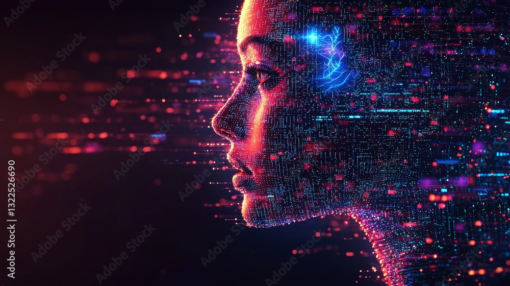 Poster from a side perspective, a futuristic stock computer head displays glowing lines and data