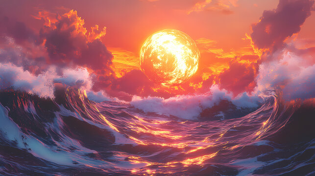 Glistening wave crests cradle a radiant orb against a backdrop of a fiery sunset sky. Radiant Tides. Illustration