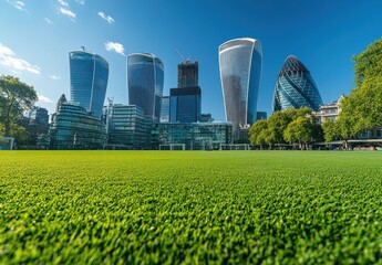 Fototapeta premium Green artificial grass field in front of modern skyscrapers under clear blue sky, showcasing urban architecture and nature balance, London, England