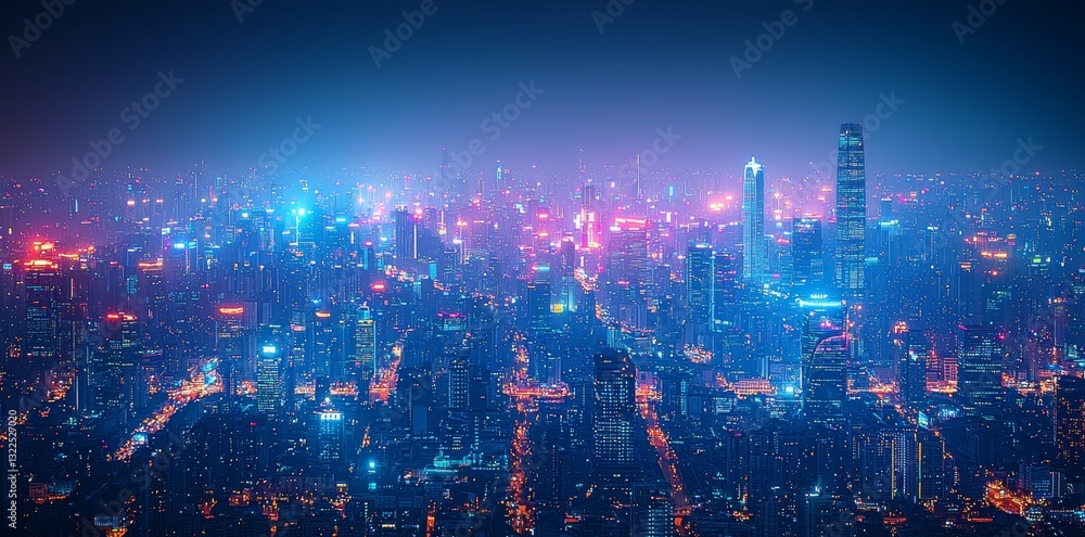 Poster an illustration of a modern city with dots and lines representing high-speed internet, cloud data st