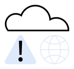 Cloud outline above triangle with exclamation mark and globe grid. Ideal for technology, cybersecurity, global issues, data storage, connectivity, risk management, online security. Flat simple
