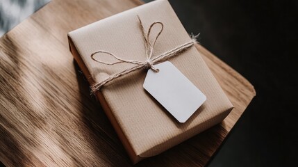 A cardboard parcel box tied with twine and a blank gift tag on a wooden surface