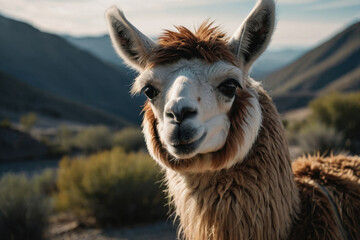 Obraz premium A Llama standing on a grassy field with mountains in the background under a bright sky. A serene and natural setting showcases the charm of this South American creature in its habitat