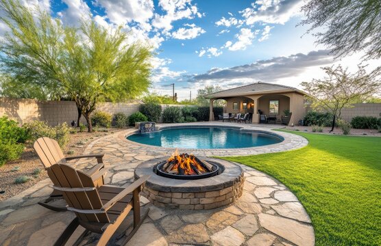 Inviting backyard scene with swimming pool, stone fire pit, cozy chairs, and lush greenery beneath a bright blue sky with fluffy clouds