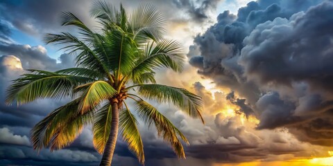 Dramatic Rain Clouds over Tropical Palm Tree Leaf - 4K Cinemagraph B-Roll Timelapse