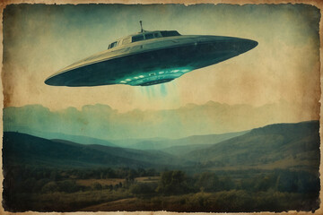 Obraz premium A retro-styled depiction of an extraterrestrial spacecraft, featuring a glowing beam of light, floating over a serene rural environment. Perfect for sci-fi enthusiasts and themed projects