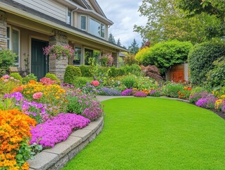 Fototapeta premium Lush Colorful Flower Garden with Vibrant Flora Surrounding a Charming Home on a Bright Sunny Day