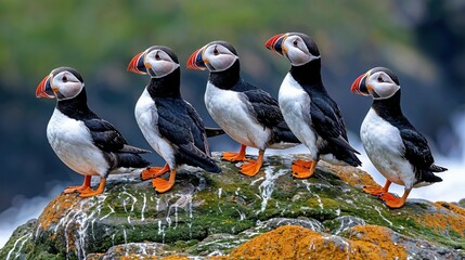Fototapeta premium Bright orange-beaked puffins gather on a vibrant, moss-covered rock near the ocean, their charming postures reflecting the beauty of their natural coastal habitat.