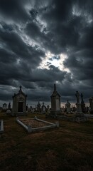 Dramatic cemetery silhouette under ominous dark clouds with moonlight