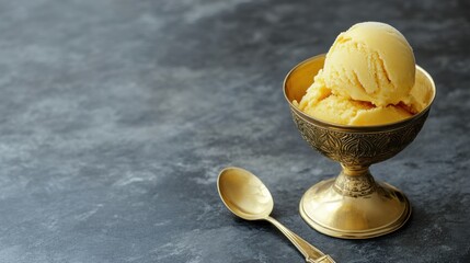 A creamy mango saffron ice cream served in a luxury-designed round golden cup.