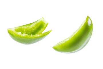 Two green peppers are sliced in half, one of which is missing its stem, isolated