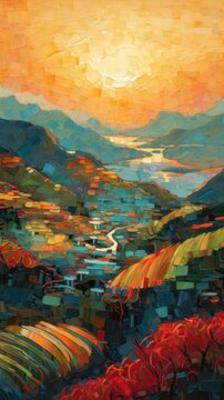Serene Minimalist Landscape of Ha Giang at Dusk with Terraced Fields and Mountain Ridges