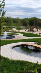 Fototapeta premium Serene Modern City Park with Green Lawns and Winding Paths Surrounding a Peaceful Pond