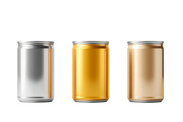 Three cans of different colors, one silver, one gold, and one bronze, isolated