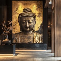 Serene Room with Vertical Black and Gold Buddhist Painting on Wall with Matching Interior Colors