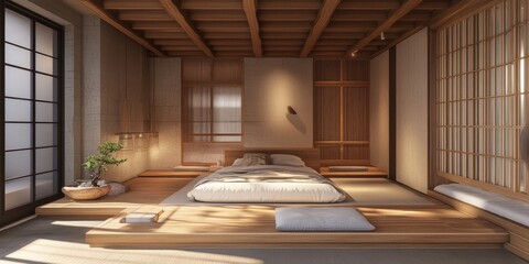 A serene bedroom showcasing minimalist modern japanese inspired architecture