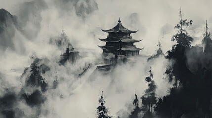 Obraz premium Ink Wash of a Temple Veiled in Thick Morning Fog
