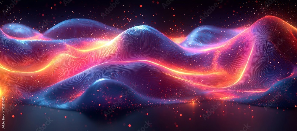 Poster a black background features a fluid iridescent holographic curved wave in motion with a colorful gra